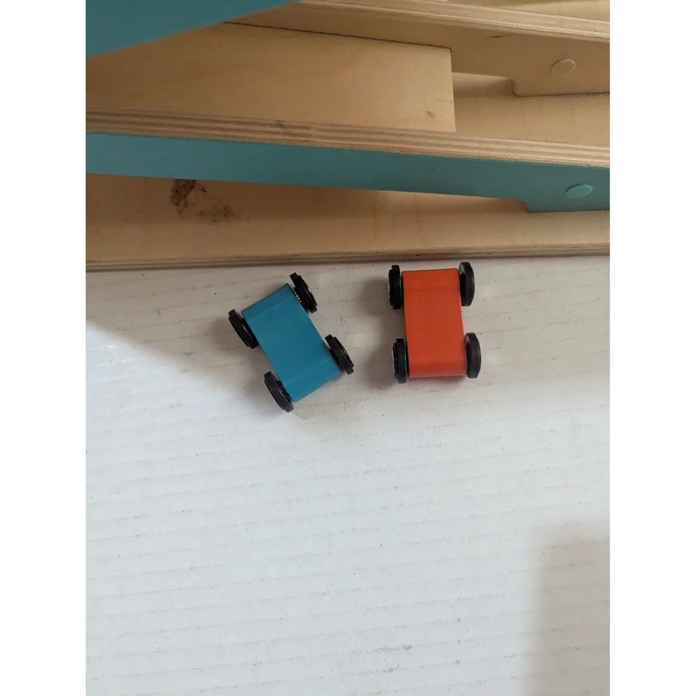 Lovevery Wooden Race Track Zig-Zag Car Ramp Toddler Toy with 2 Cars Teal Natural
